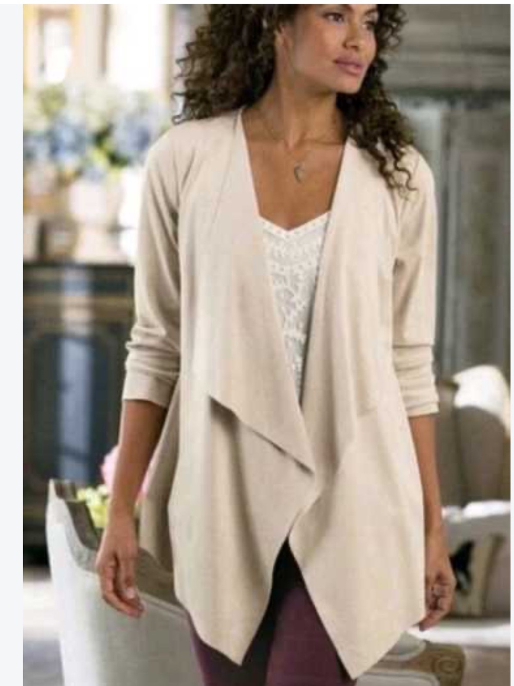Soft Surroundings Faux Suede Open front Draped Cardigan/Jacket Sz M Beige Tan